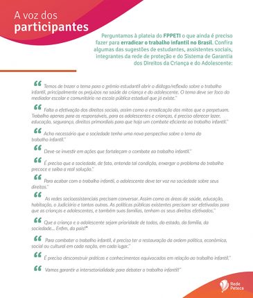 Perguntamos à plateia do FPPETI o que ainda é preciso fazer para erradicar o trabalho infantil no Brasil. Confira algumas das sugestões de estudantes, assistentes sociais, integrantes da rede de proteção e do Sistema de Garantia dos Direitos da Criança e do Adolescente.